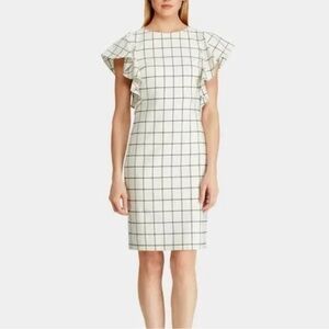LAUREN Ralph Lauren Off-White & Black Windowpane Sheath Dress‎ Flutter Sleeve 8